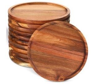 Rtteri 12 Pcs Acacia Round Dinner Plates Wood Tray Round Wooden Charger Plate for Sandwich Dishes Snack Dessert Salad Fruit, Easy Cleaning Lightweight, 8 Inch