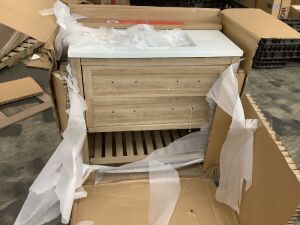 Autumn 36 in Single Sink Bath Vanity in Weathered Tan with White Engineered Stone Top - For Parts or Repair 