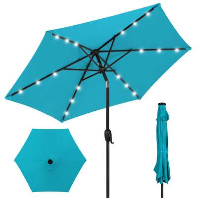 Outdoor Solar Patio Umbrella w/ Push Button Tilt, Crank Lift