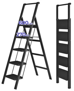 JOISCOPE 5 Step Ladder, Foldable Step Stools for Adults with Wide Anti-Slip Pedal, 600lbs Lightweight Sturdy Steel Ladder