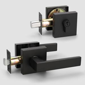 Double Keyed Matte Black Square Deadbolt Lock Set with Passage Heavy Duty Entrance Door Handle, 2 Pack 