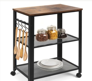 3-Tier Microwave Cart Rolling Utility Serving Cart w/ 2 Shelves, 4 Hooks