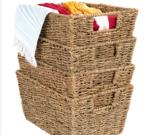 Set of 4 Seagrass Storage Tote Baskets, Laundry Organizer w/ Insert Handles