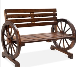 2-Person Rustic Wooden Wagon Wheel Bench w/ Slatted Seat and Backrest