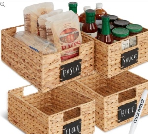 Set of 4 Water Hyacinth Pantry Baskets w/ Chalkboard, Marker - 12in