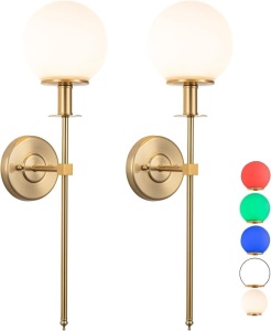 Battery Operated Wall Sconces Set of 2,Not Hard Wired Brass Gold -White Glass Globe Wall Lights, Wireless Lamp Fixture for Bedroom, Living Room, Bathroom, Hallway 