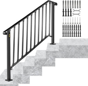 VEVOR Handrails for Outdoor Steps, Fit 4 or 5 Steps Outdoor Stair Railing, Picket#4 Wrought Iron Handrail, Flexible Porch Railing, Black Transitional Handrails for Concrete Steps or Wooden Stairs missing hardware