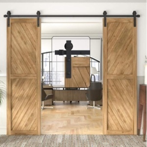 WINSOON Double Barn Door Hardware Kit 5-18FT for Sliding Double Doors Wood Cabinet Closet Set Black Surface Antique Style (7.5FT /90" 2 Doors Track Kit)