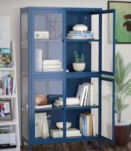 4-Glass Door Storage Cabinet with Adjustable Shelves Feet Cold-Rolled Steel Sideboard Furniture Blue Pantry Organizers, missing some hardware