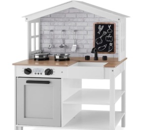 Kids Farmhouse Play Kitchen w/ Chalkboard, Storage Shelves, 5 Accessories