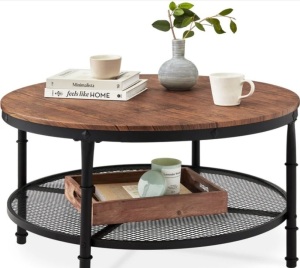 2-Tier Round Industrial Wood & Steel Coffee Table, Storage Shelves - 35.5in