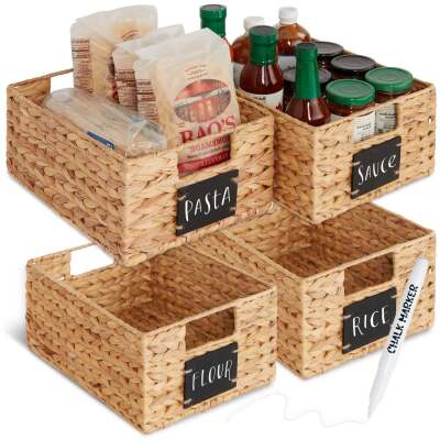 Set of 4 Water Hyacinth Pantry Baskets w/ Chalkboard, Marker