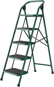 5 Step Ladder, Folding Step Stool for Adults with Handle & 16" Wide Anti-Slip Pedal, 330lbs Capacity Ergonomic Sturdy Steel Ladder, Portable Steel Step Stool for Household, Kitchen, Office (Green)… 