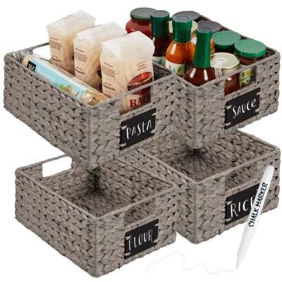 Set of 4 Water Hyacinth Pantry Baskets w/ Chalkboard, Marker