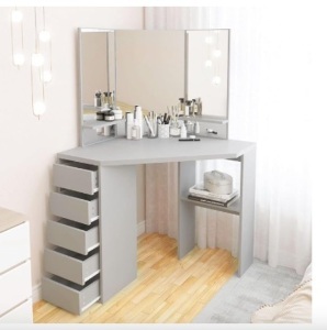 Corner Makeup Vanity Desk with Mirror,Makeup Desk with 5 Sliding Drawers & Storage Shelves Gray Vanity for Bedroom Small Spaces 