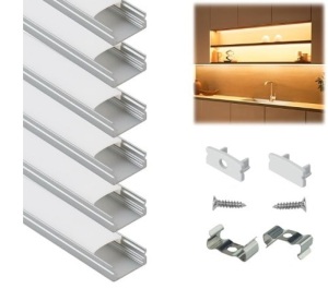 Muzata 10-Pack 6.6ft/1Meter U Shape LED Aluminum Channel System with Cover, End Caps and Mounting Clips Aluminum Profile for Under Cabinet LED Strip Light Installations U1SW WW