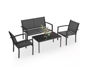 Black 4-Piece Metal Outdoor Bistro Set Patio Conversation Set Glass Coffee Table