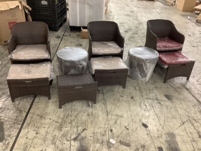 Lot of (3) Wicker Patio Chairs w/ Foot Stools (2) Storage Tables 