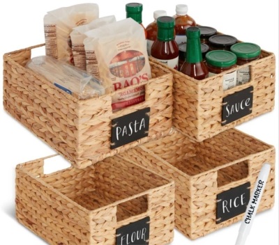 Set of 4 Water Hyacinth Pantry Baskets w/ Chalkboard, Marker - 12in