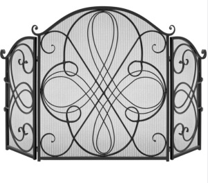 3-Panel Wrought Iron Metal Fireplace Screen Cover w/ Scroll Design - 55x33in