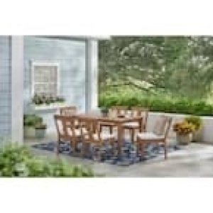 Woodford 7-Piece Eucalyptus Wood Outdoor Dining Set with CushionGuard Bright White Cushions