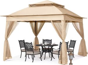 MASTERCANOPY Outdoor Pop Up Gazebo with Mesh Walls, 11x11, Khaki