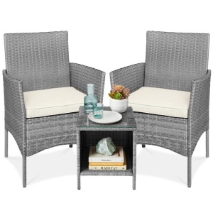 3-Piece Outdoor Patio Wicker Bistro Set w/ Side Storage Table