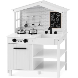 Kids Farmhouse Play Kitchen w/ Chalkboard, Storage Shelves, 5 Accessories