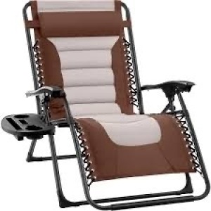 Oversized Padded Zero Gravity Brown/Taupe Metal Reclining Outdoor Lawn Chair with Side Tray (195)