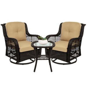 3-Piece Patio Wicker Bistro Furniture Set w/ 2 Swivel Rocking Chairs, Table