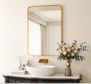 24 in. W x 36 in. H Rectangular Aluminum Alloy Framed Rounded Gold Wall Mirror