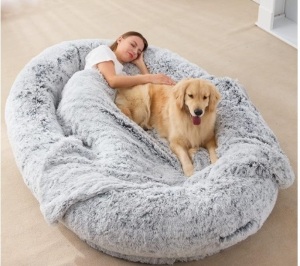 Large Human Dog Bed 75.5"x55"x12" Human-Sized Big Dog Bed for Adults&Pets Giant Beanbag Bed with Washable Fur Cover,Blanket and Strap, Grey Plush