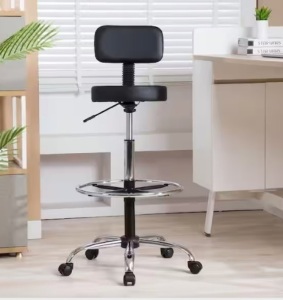 Faux Leather Adjustable Height Drafting Stool Chair in Black