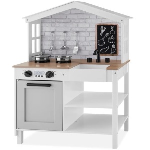 Kids Farmhouse Play Kitchen w/ Chalkboard, Storage Shelves, 5 Accessories23"(L) x 13"(W) x 35.5"(H)