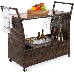 Wicker Serving Bar Cart w/ Wheels, Glass Counter, Ice Bucket  : 43.5"(L) x 18"(W) x 36.5"(H)