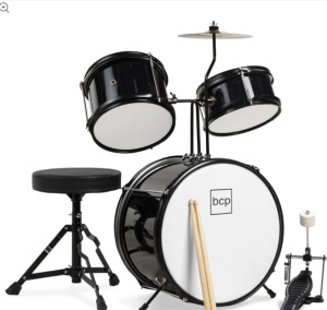 Kids Beginner 3-Piece Drum, Musical Instrument Set w/ Sticks, Stool, Pedal