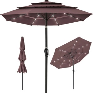 3-Tier Solar Patio Umbrella w/ LED Lights, Tilt Adjustment, Crank - 10ft