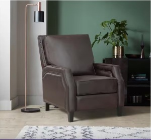 Adele Dark Brown Faux Leather Upholstered Push Back Standard Recliner with Nailheads