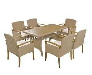 7-Piece Rattan Wicker Outdoor Dining Set with White Cushions and Wood Tabletop 