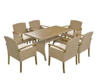 7-Piece Rattan Wicker Outdoor Dining Set with White Cushions and Wood Tabletop&nbsp;
