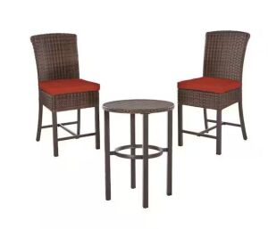 Hampton Bay Harper Creek 3-Piece Brown Steel Outdoor Patio Bar Height Dining Set with CushionGuard Quarry Red Cushions