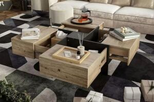 31.5 in. W Square Wood Coffee Table Windmill Design in Brown & Black With 4-Drawers 