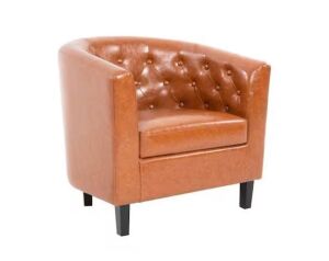 Button Tufted Faux Leather Barrel Chair, Caramel 