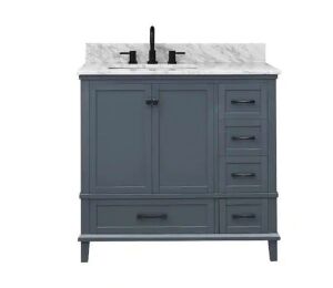 Merryfield 37 in. Single Sink Freestanding Dark Blue-Grey Bath Vanity with White Carrara Marble Top