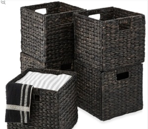 Set of 5 Collapsible Hyacinth Storage Baskets w/ Inserts - 13x13in