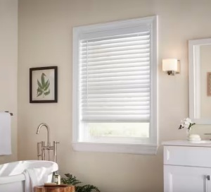 White Cordless 2 in. Faux Wood Blind 27" wide, 64" high