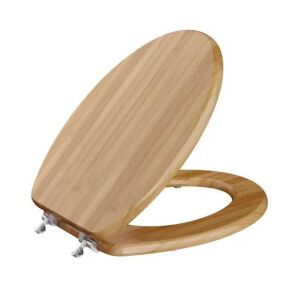 Premium Wood Elongated Closed Front Toilet Seat with Cover and Brushed Nickel Hinge in Piano Bamboo 