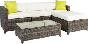 5-Piece Modular Wicker Sectional Conversation Set w/ 2 Pillows, Coffee Table