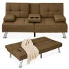 Linen Upholstered Convertible Sofa Bed Futon w/ 2 Cupholders