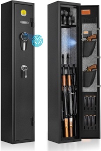 3 Rifle Gun Safe for Home Rifles and Pistol Long Gun Safe 0.1s Quick Access Fingerprint Recognition Handgun Safe Keypad Wall Mount Gun Cabinet with Pistol Rack Pockets Ammo Storage 